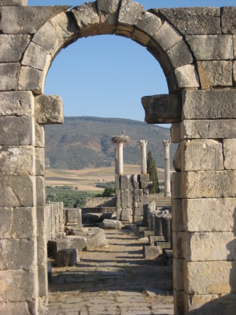 Exploring the ruins at Volubilis, Morocco