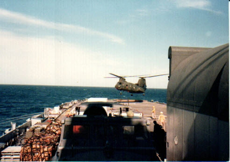 CH-46 landing on the USS Ponce. May 1985.