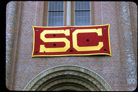 USC banner in front of Bovard Hall-Auditoriu