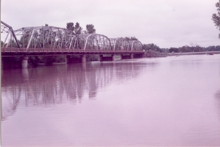 Old Harrah Bridge during flood.