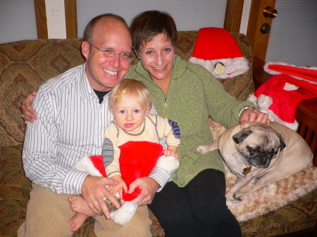 Jason, Emerson and Karen with pug Lucy