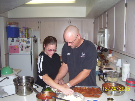 my wife and I making lasagne