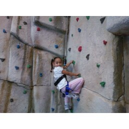Bella on the rockwall at the gym