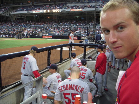 My son in our seats next to the St Louis Cardinal dugout