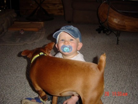 Julian and the dog, Fritz, a min pin