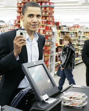 Barack Obama at store while on campaign trail