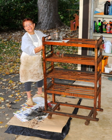 My Wife Ana restoring an antique shoe rack!!!