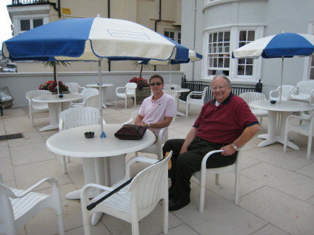 Matt and Barratt on hotel terrace, Sidmouth