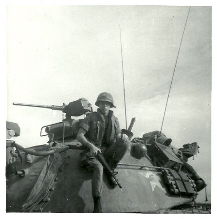 Sitting on turret of Patton Tank, Vietnam 1970