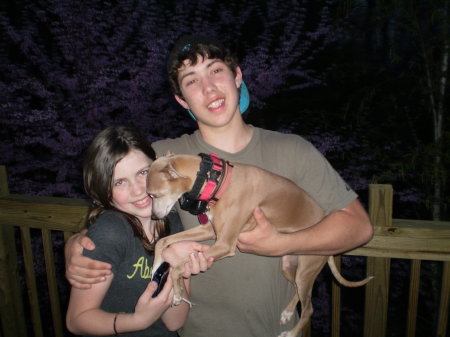 The children and pooch on the deck!