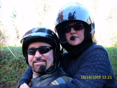 Harold and I riding the bike in the mountains.