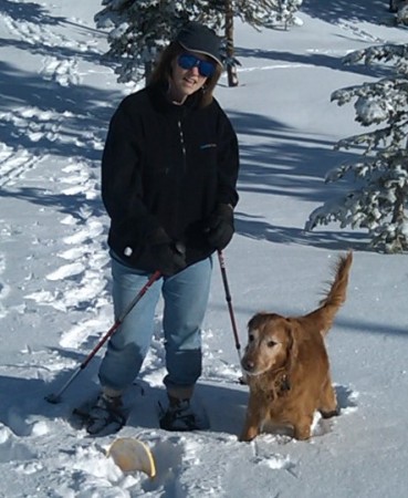 sue and riley snowshoeing