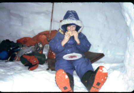 AShley in Snowcave eating breakfast circa 1999