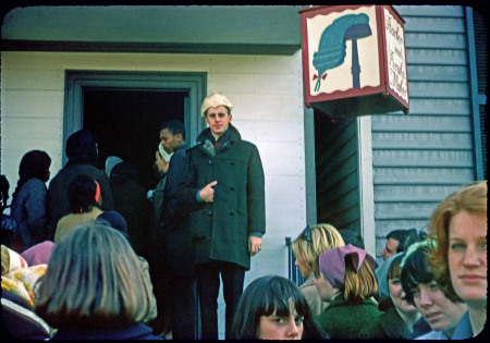 Jim Rubins at wig shop in Williamsburg