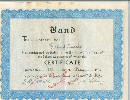 7th Grade Band Certificate