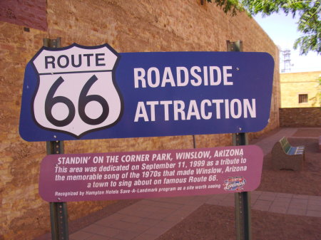 Route 66 sign on the corner in Winslow, Az