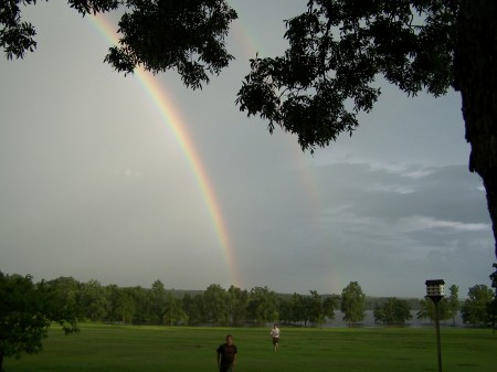 Zach and Robert running under the rainbows!