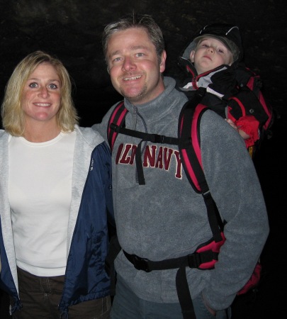 Deb, Palle, and Dylan hiking in the Lava Cave