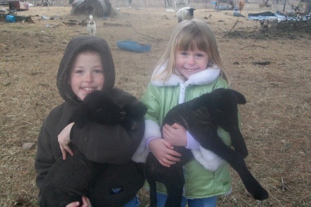 02-15 Josiah and Alivia with twin boy lambs