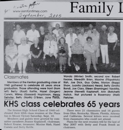 Kenton Times article of Class of '40 Reunion