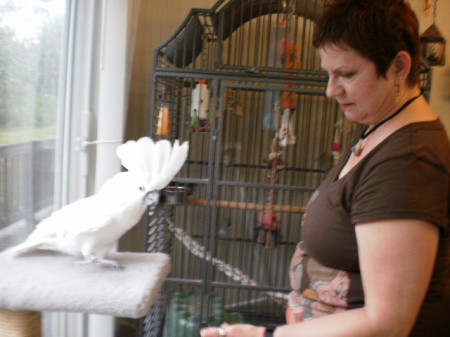 My sister in Savannah and her bird Corky!