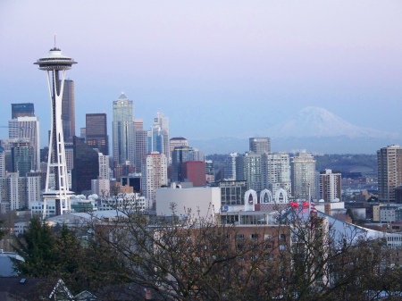 Space Needle in Seattle and Mt. Ranier