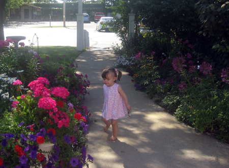My niece Kylea stops to smell the flowers