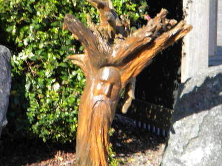 Wood carving on pier.