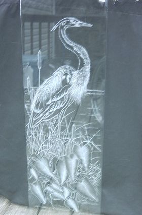 Etched Glass Blue Heron