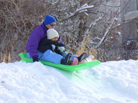 Trinity & I surfing the snow