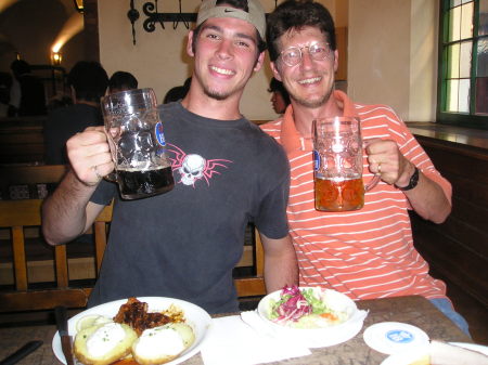 Son Bill and Hubby PJ drinking beer in Germany