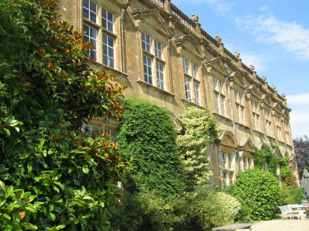 Side fascade of Brympton House and terrace.