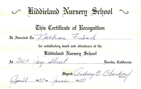 1957 Nursery School Graduation Certificate