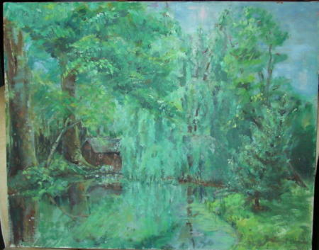 Oil Landscape of willow tree and pond