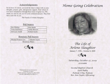 Arlene Slaughter's Funeral Program Cover