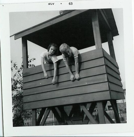 Jane and Kevin in my tree house. November 1963