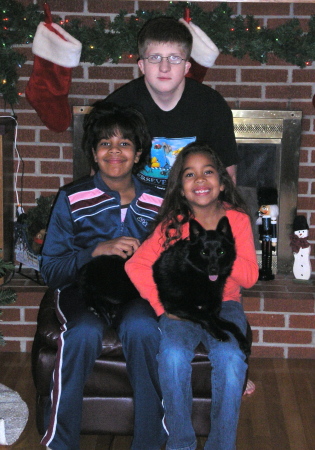 All three kids and Rosie Christmas '05