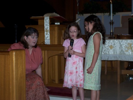 Wife (Kim) jessica and friend leading the Lords prayer on youth Sunday