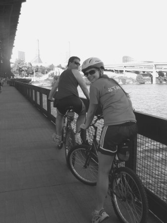 Biking downtown Portland with Sara