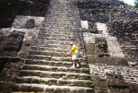 Climbing back down the High Temple - Lamanai