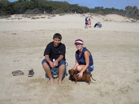 My son Frankie, our dog KC, and Me at Pismo