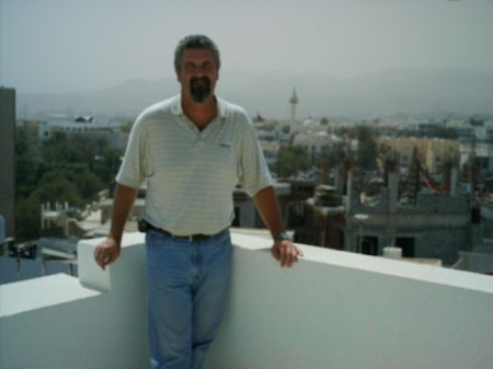 On the rooftop patio in Muscat.