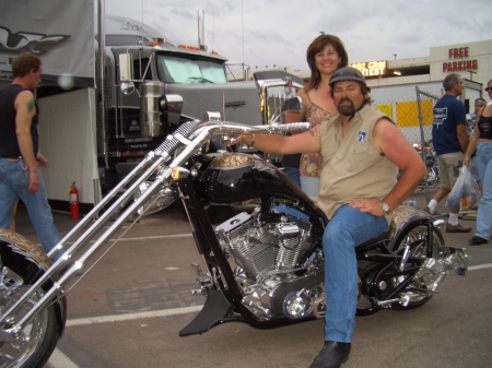 Husband Mike & I with his new chopper