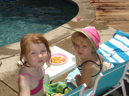 Caylie & Gracie hanging out by my pool