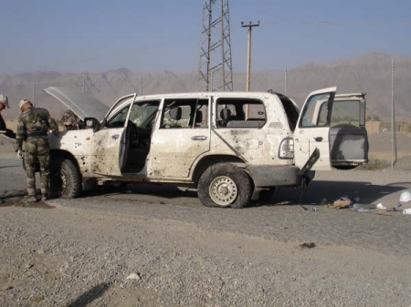 One of our vehicles after a suicide bomber detonated himself a few feet away from the driver's side--September 2006