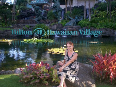 Mary in front of Hilton Hawaiian Village