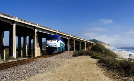 Torrey Pines bridge with train and water