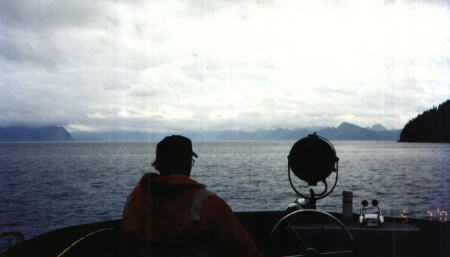 Steering from the flybridge, FV Deja, Prince William Sound AK