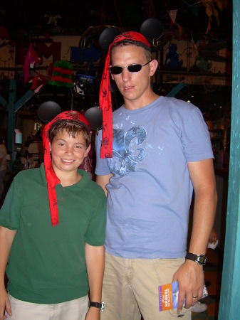 My oldest son and I with "Pirates Of The Carribean" hats on.