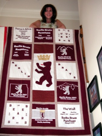 Jeri with the Berlin Reunion History Quilt